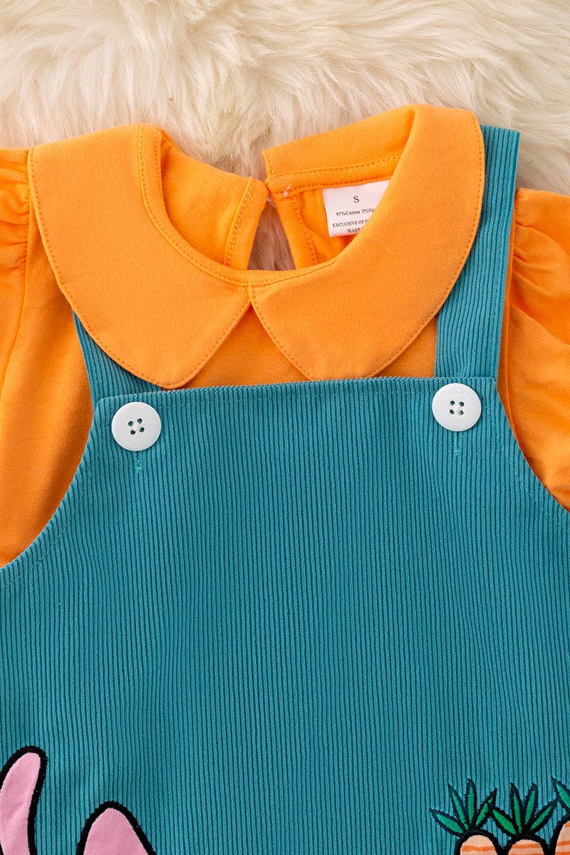 Teal Easter overall dress with orange bubble shirt.