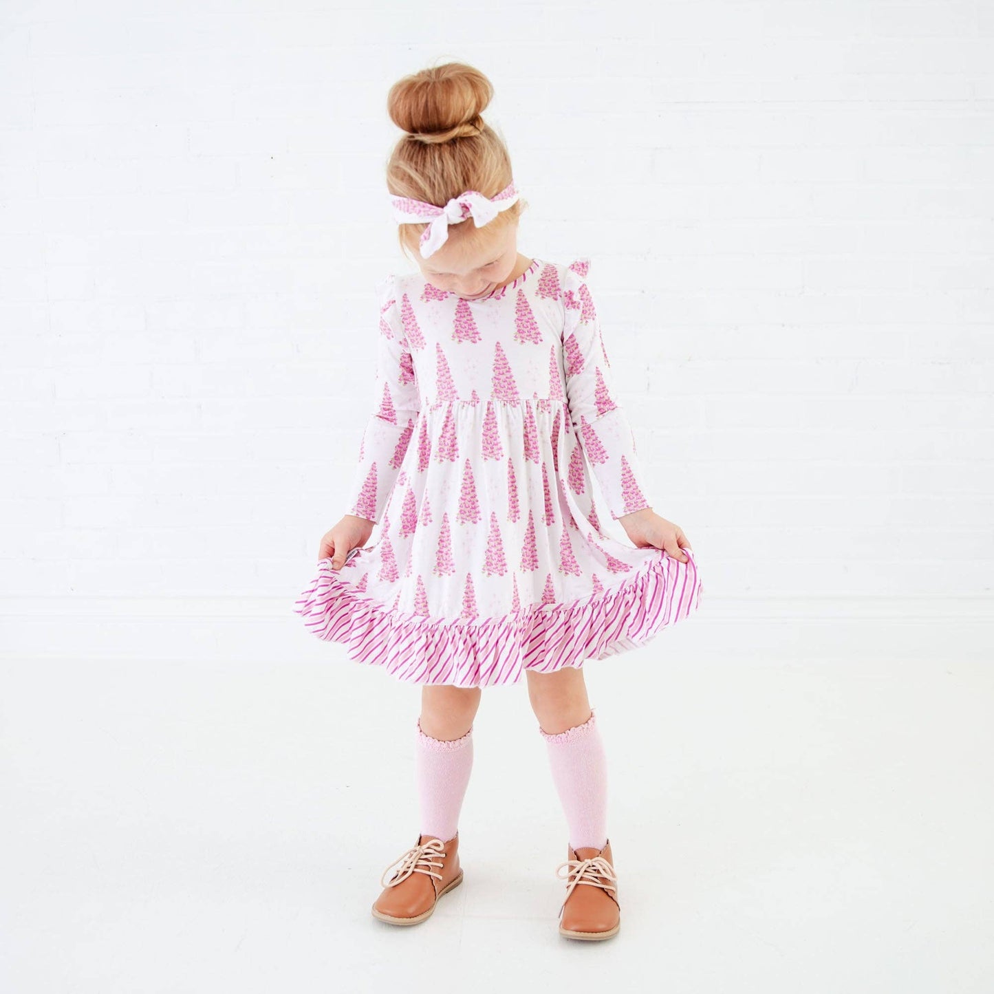 All Spruced Up Girls Bamboo Dress Ruffle Pocket Twirler and Shorts Set - Pink