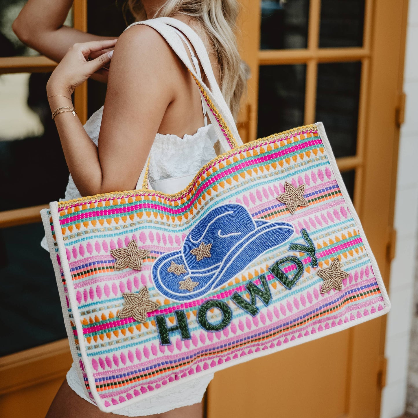 HOWDY Cowgirl Hat Striped Tote Bag