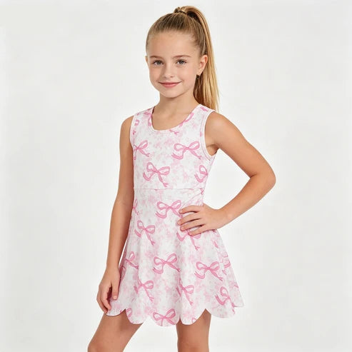 Pink Floral Bow Athletic Dress With Scalloped Hem