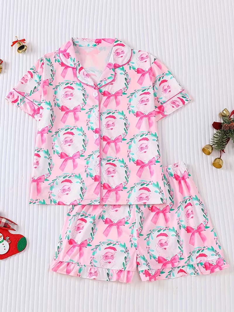 Pink Santa Bow Two Piece Pajama Set