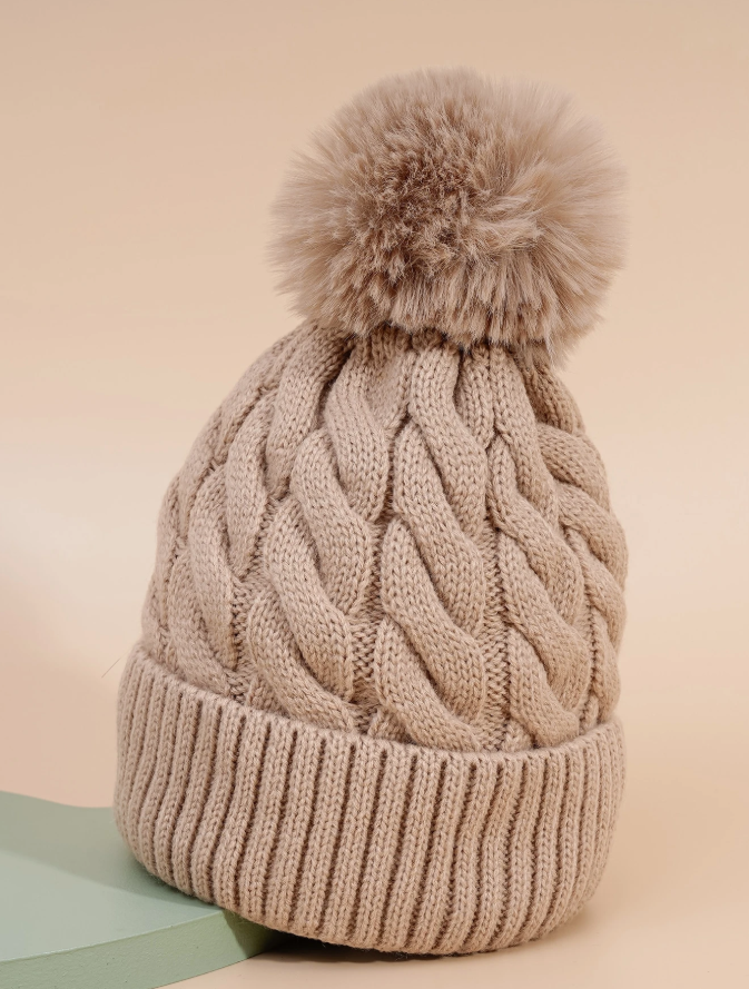 Tan Cable Knit Beanie Hat