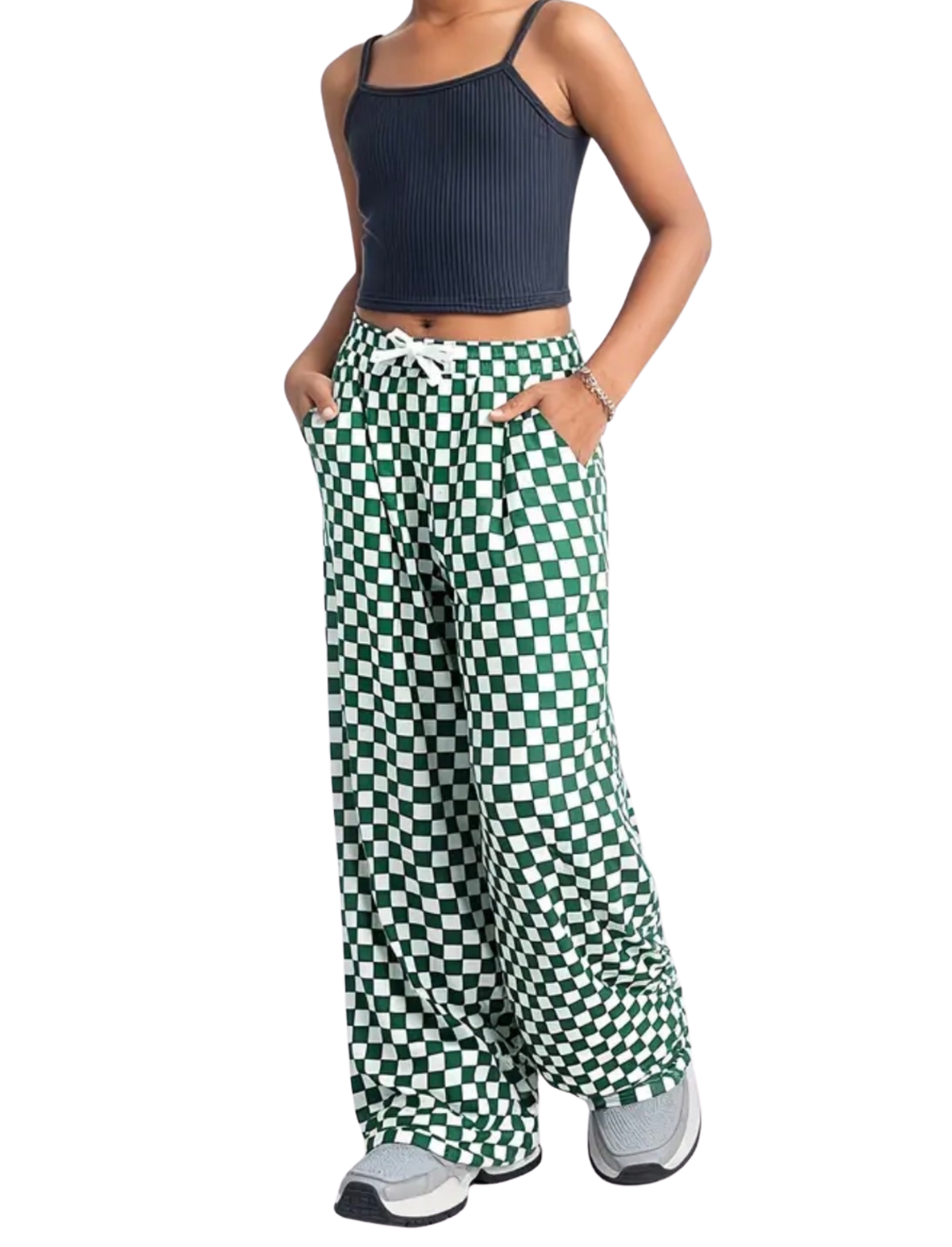 Green Checkered Wide Leg Athleisure Pants