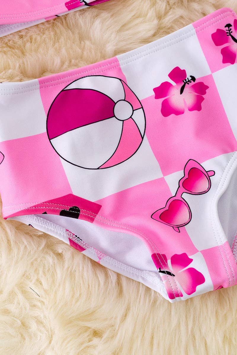 Pink & white checker printed girls swimsuit