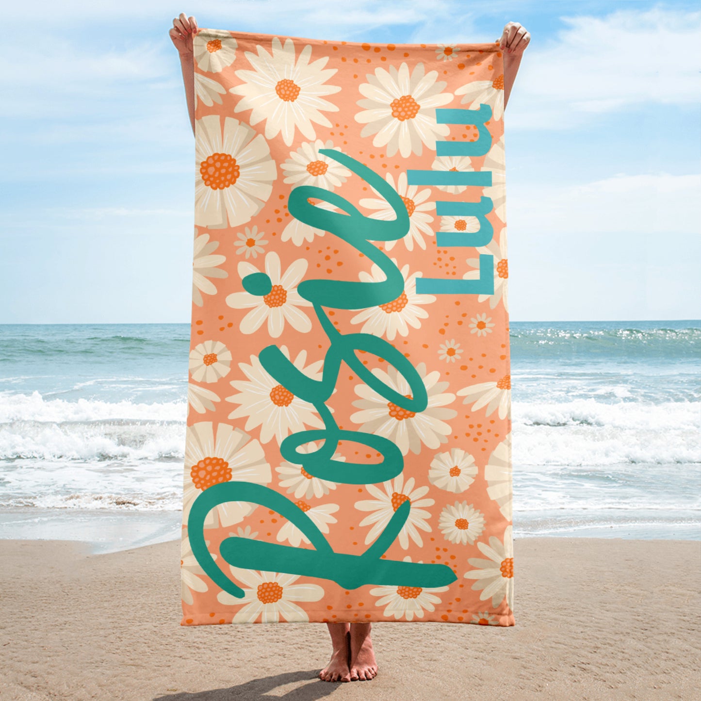 Peach Daisy Personalized Beach Towel