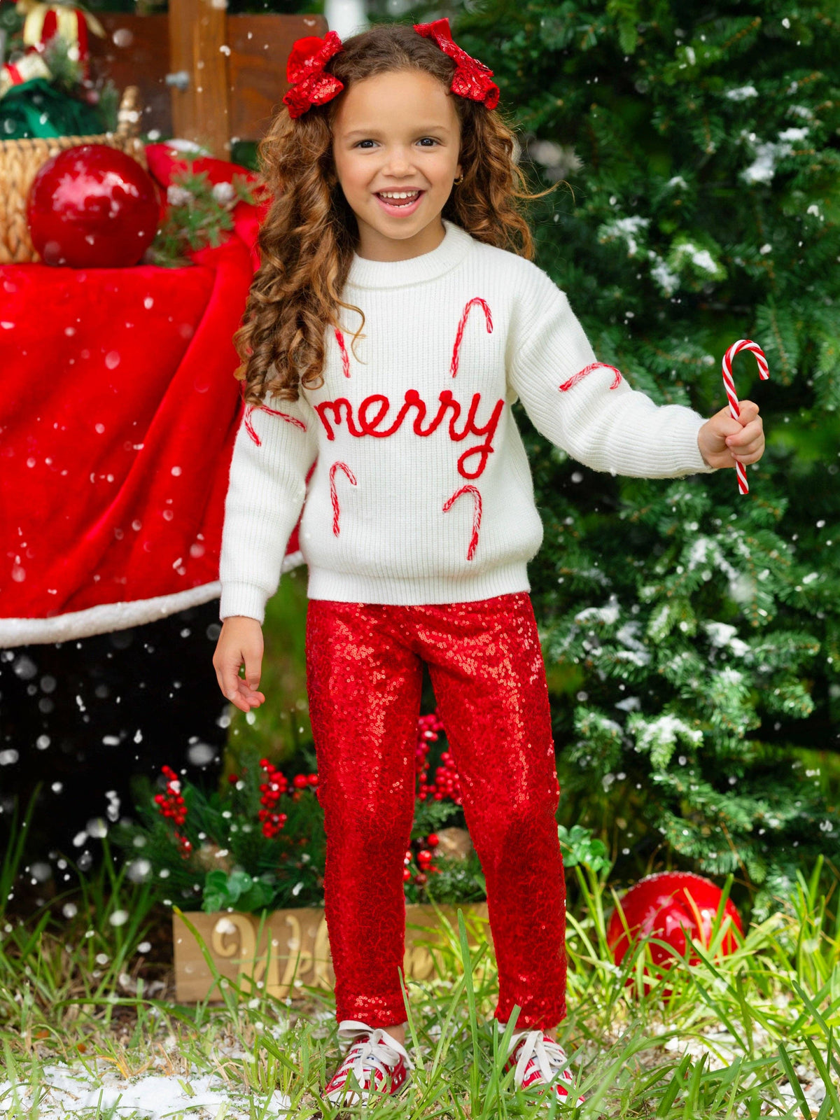 Merry Knit Sweater and Red Dazzling Sequin Pant Set