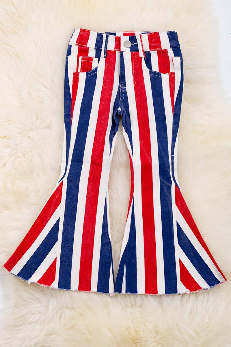 NAVY BLUE RED & WHITE STRIPE BOOTCUT DENIM PANTS.
