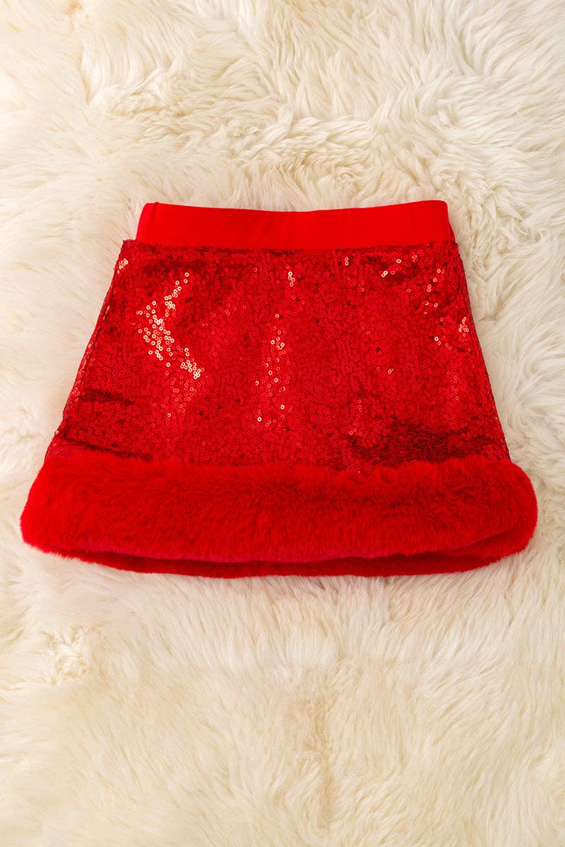 Red sequins skirt with faux fur trim