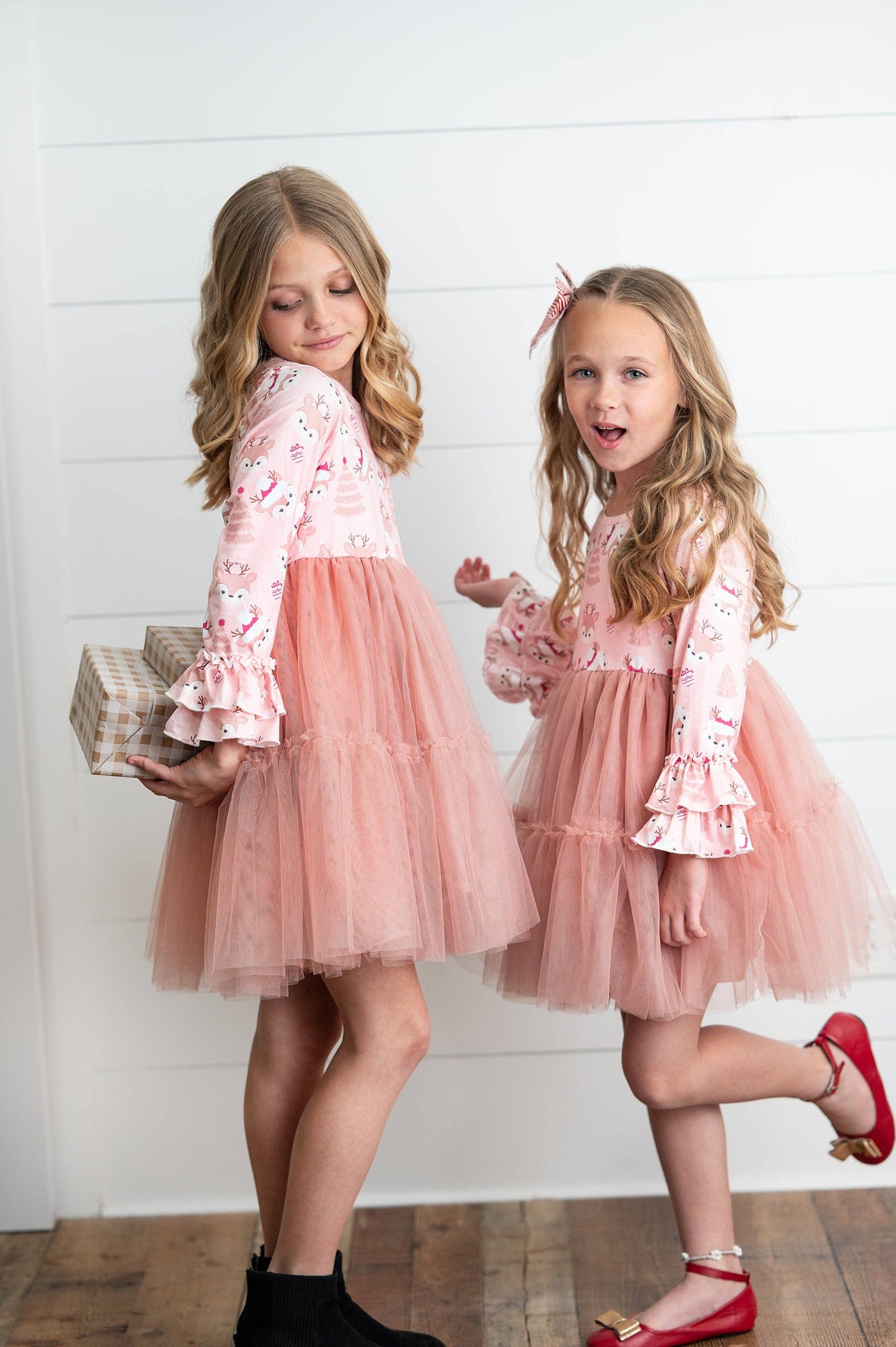 Pink Reindeer Tulle Ruffle Sleeve Holiday Dress