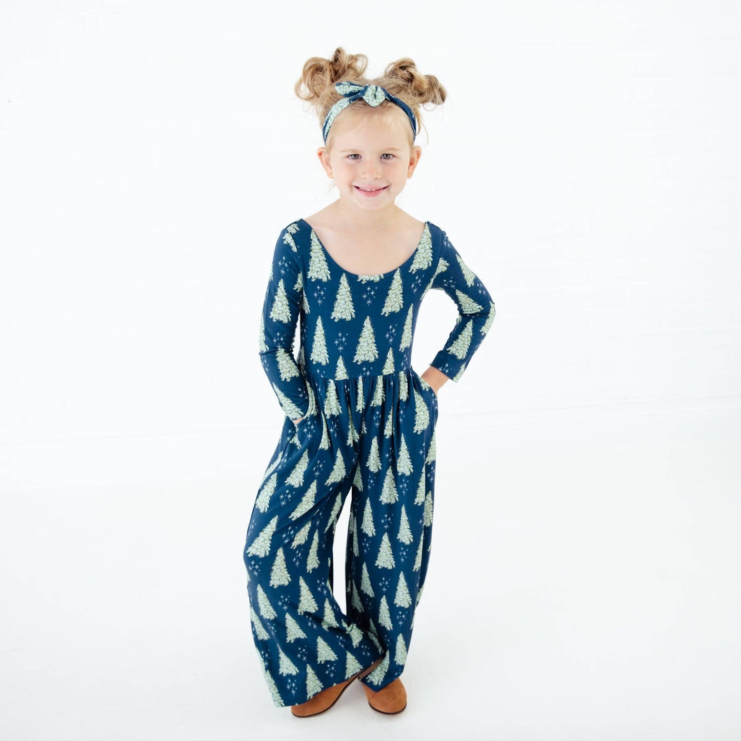 All Spruced Up Christmas Trees Bamboo Girl's Leggy Romper - Navy