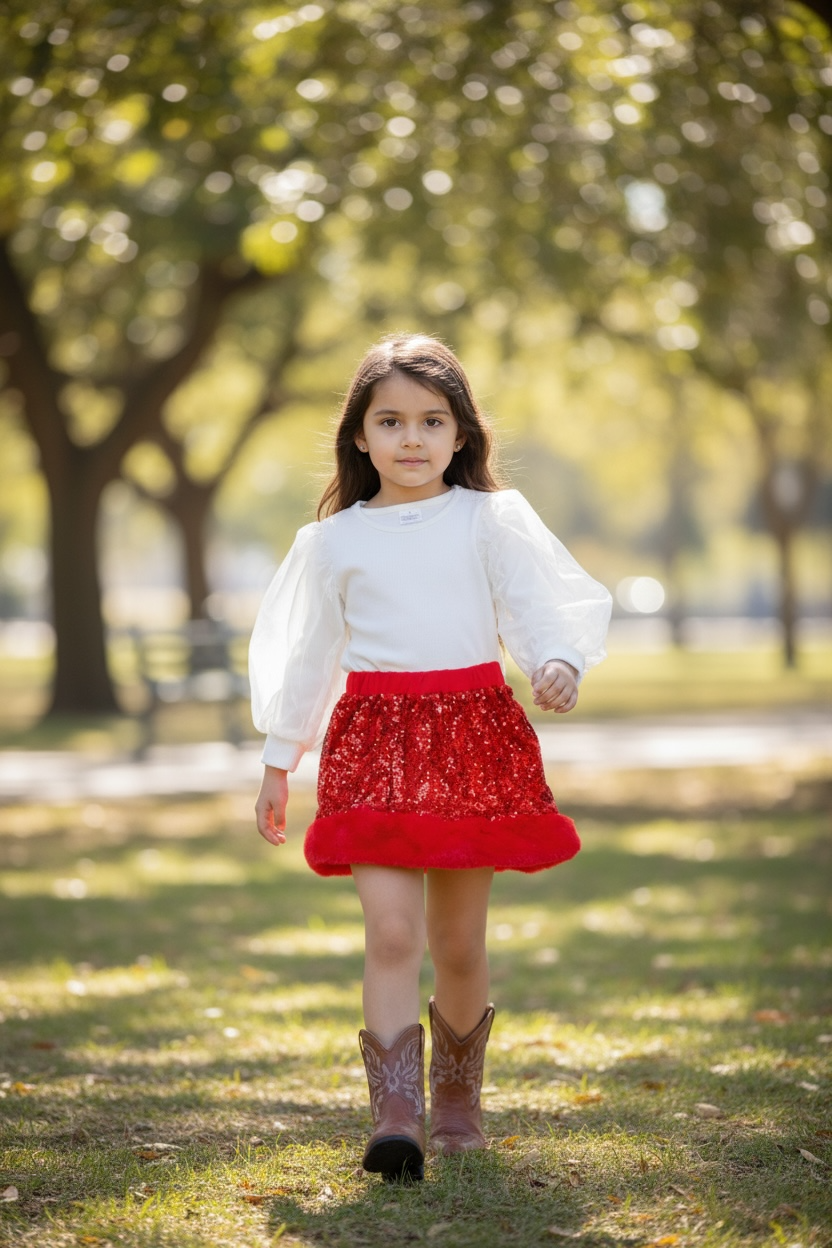 Red sequins skirt with faux fur trim