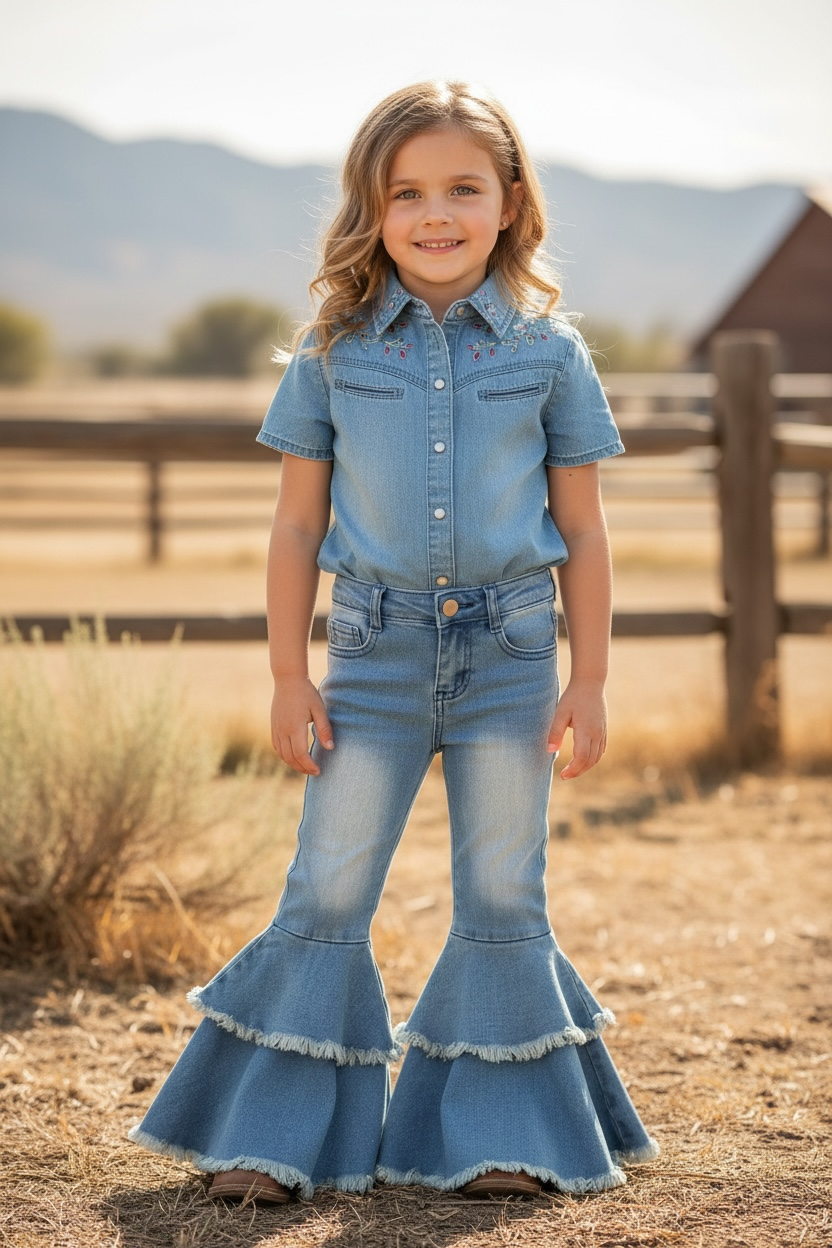 Light Blue Western Double Bell Pants