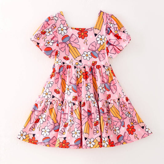 Back to School Puff Sleeve Dress – Apple, Pencil & Car Print