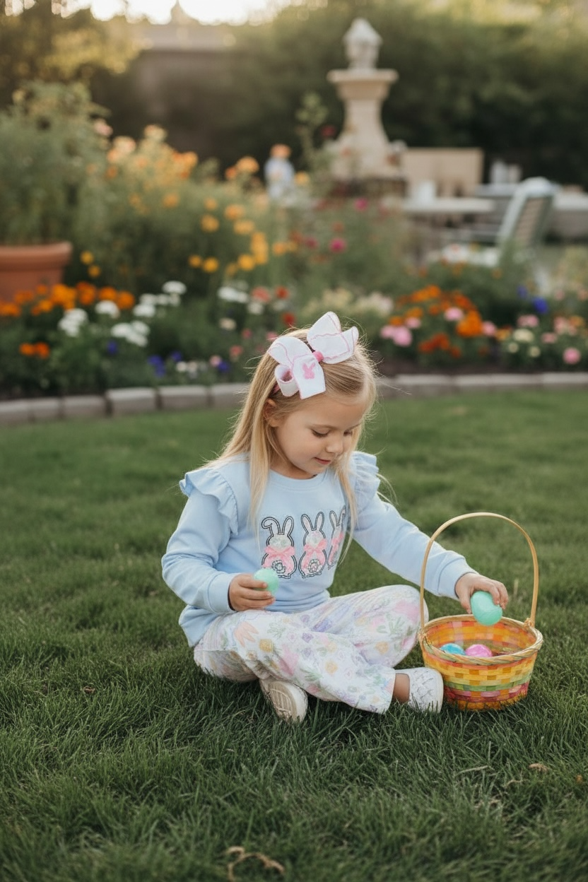 Easter Bunny Printed on Light Blue Top & Floral Bell Bottoms
