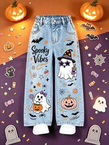 Halloween Printed Wide Leg Jeans