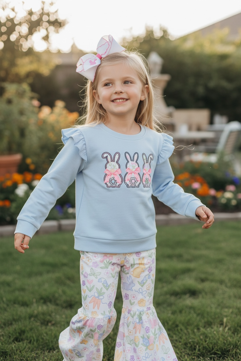 Easter Bunny Printed on Light Blue Top & Floral Bell Bottoms