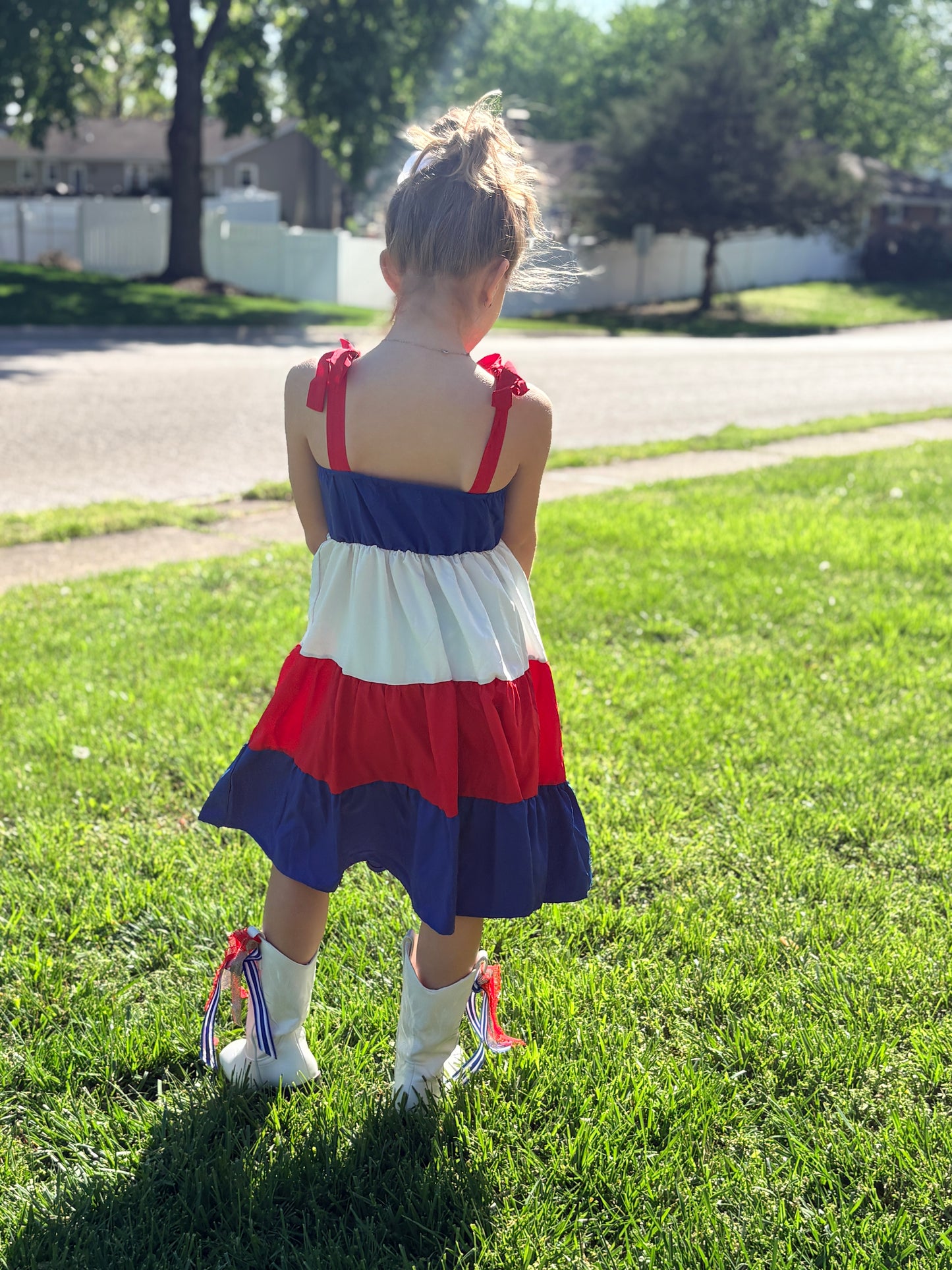 Red White and Blue Panel Long Dress
