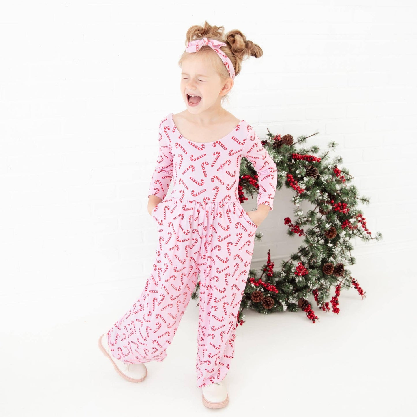Candy Cane Lane Christmas Bamboo Girl's Leggy Romper - Pink