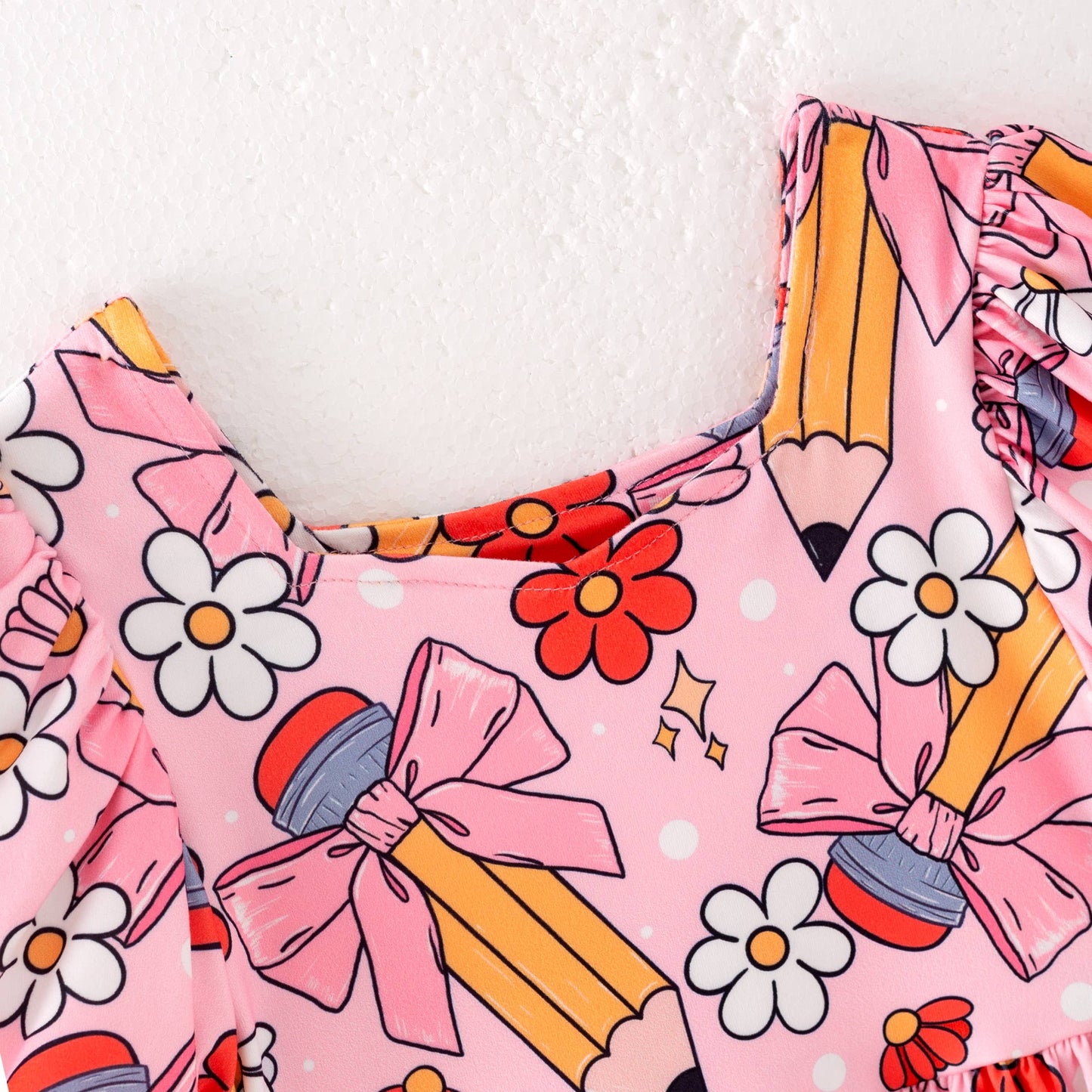 Back to School Puff Sleeve Dress – Apple, Pencil & Car Print