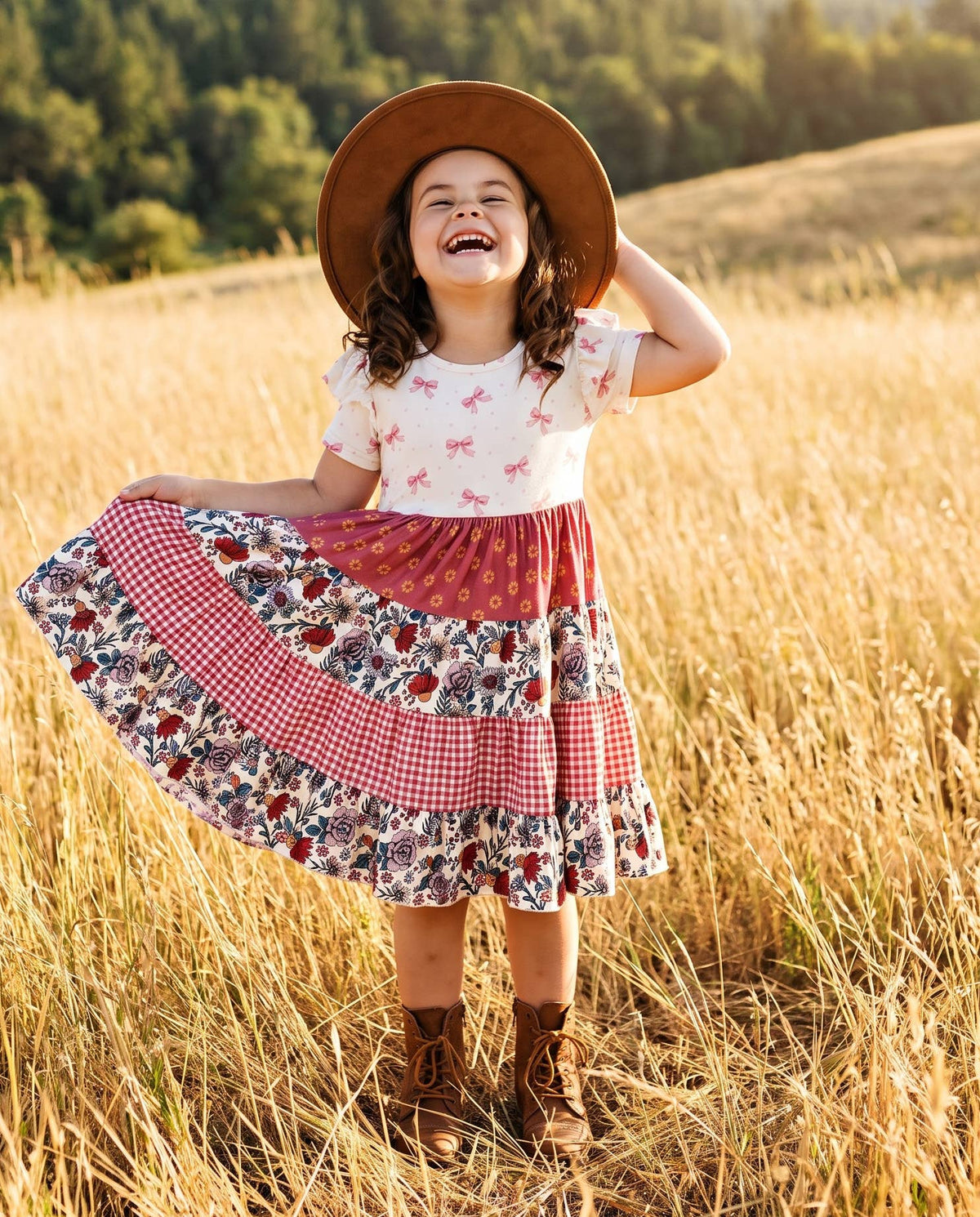 Girls Fall Ava Twirly Petals Floral Tiered Bow Dress