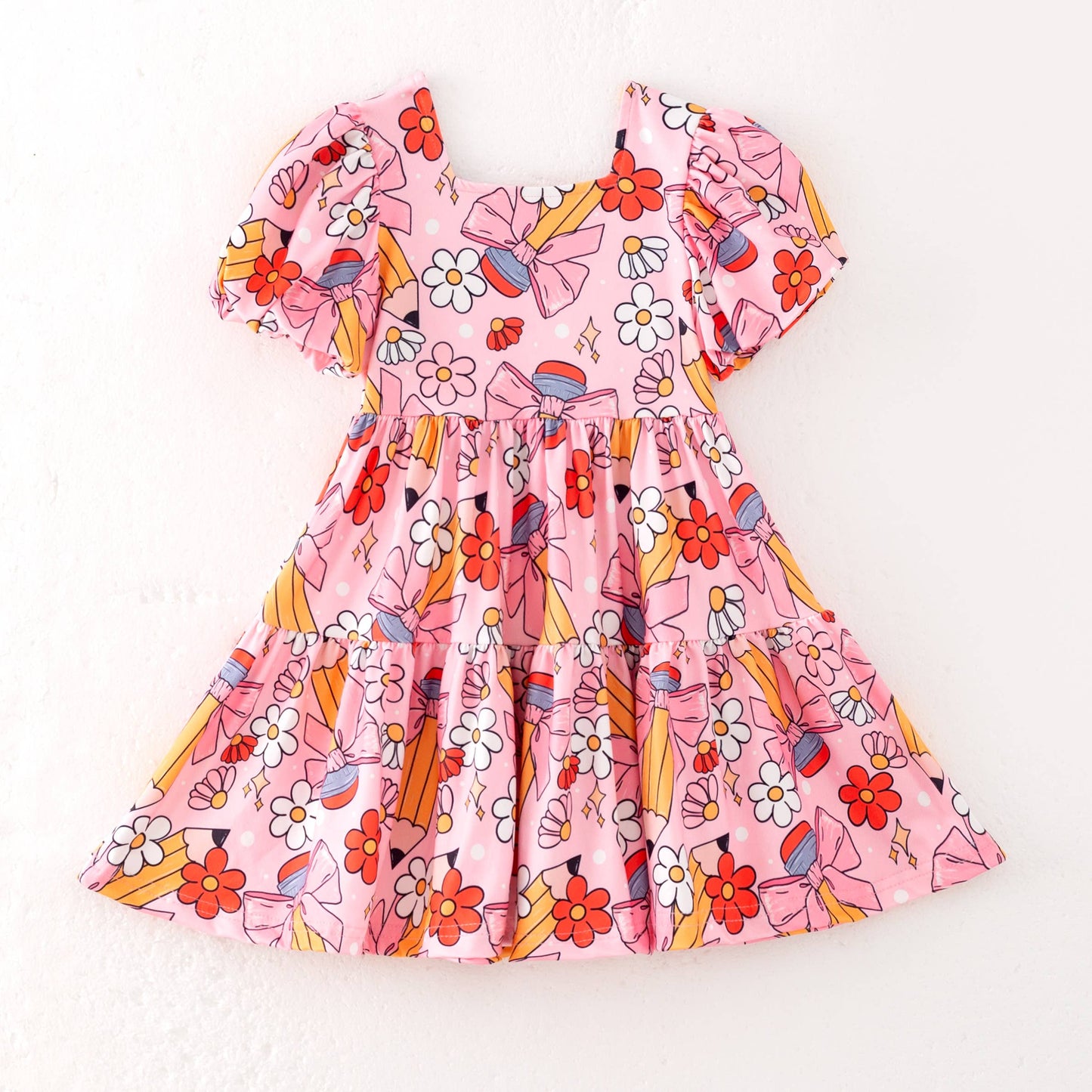 Back to School Puff Sleeve Dress – Apple, Pencil & Car Print