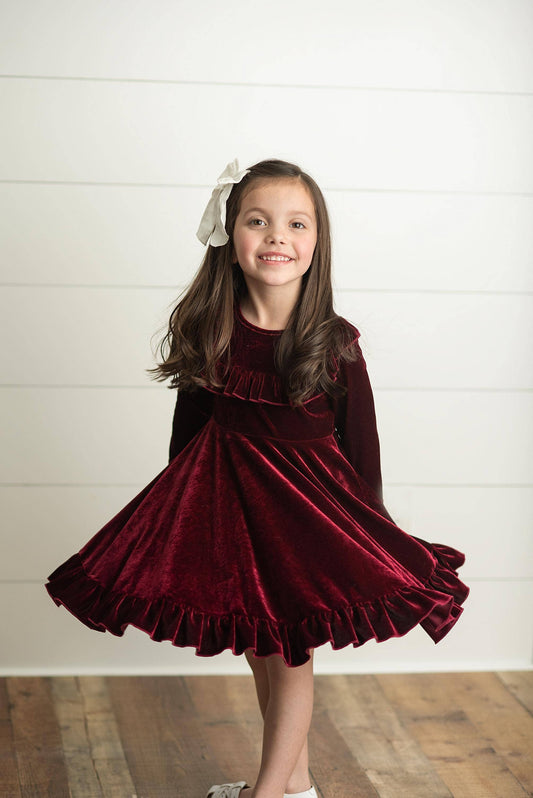 Wine Velvet Ruffle Fancy Winter Christmas Holiday Dress