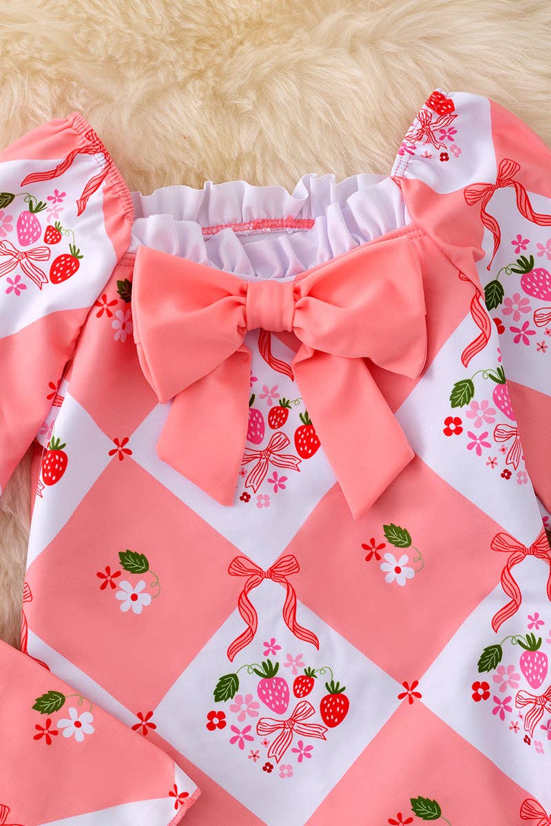 Strawberry printed long sleeve top with front side bow & swim shorts.
