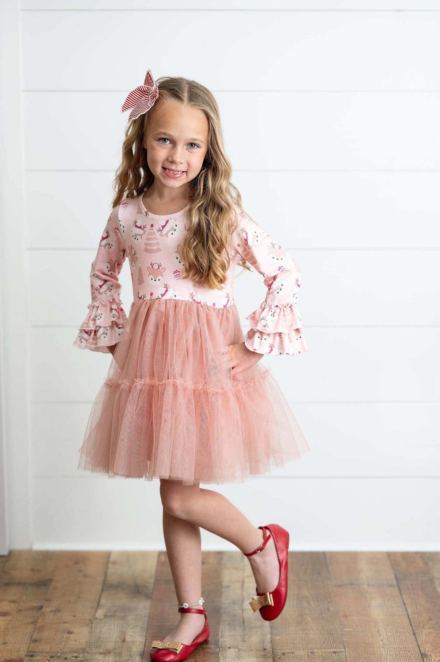 Pink Reindeer Tulle Ruffle Sleeve Holiday Dress