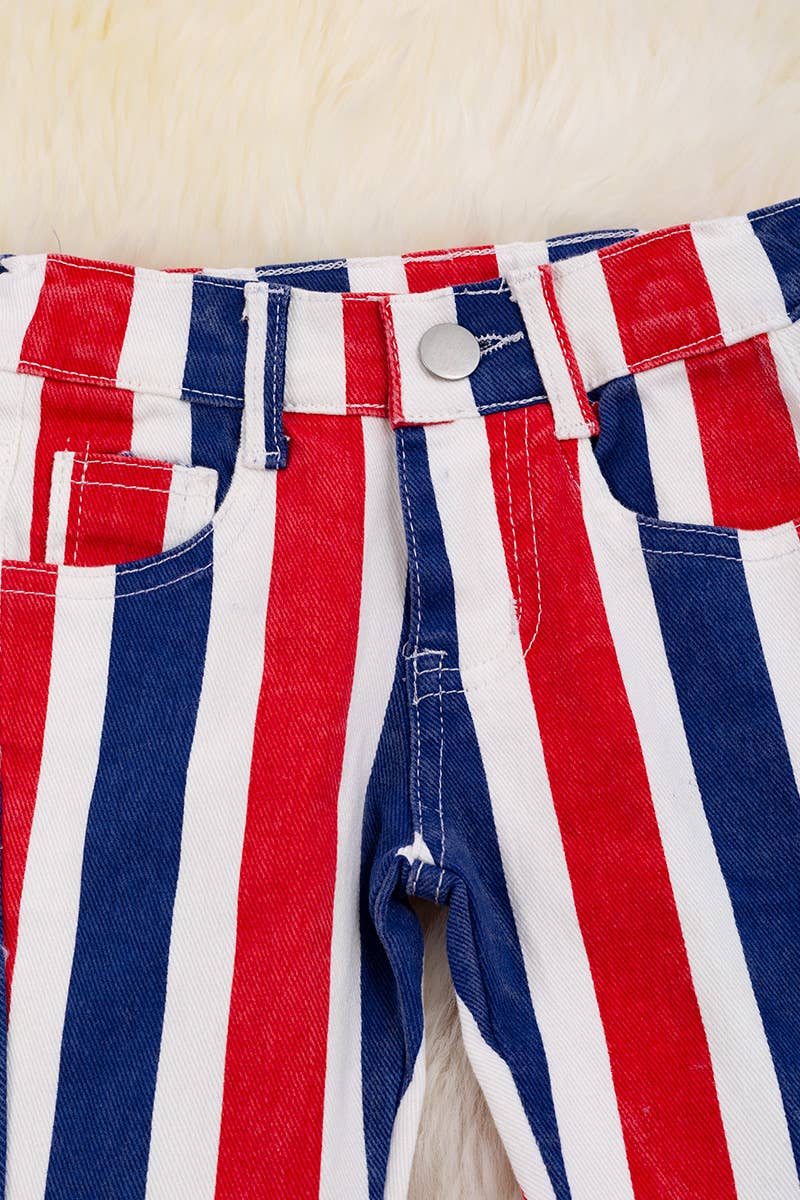 NAVY BLUE RED & WHITE STRIPE BOOTCUT DENIM PANTS.