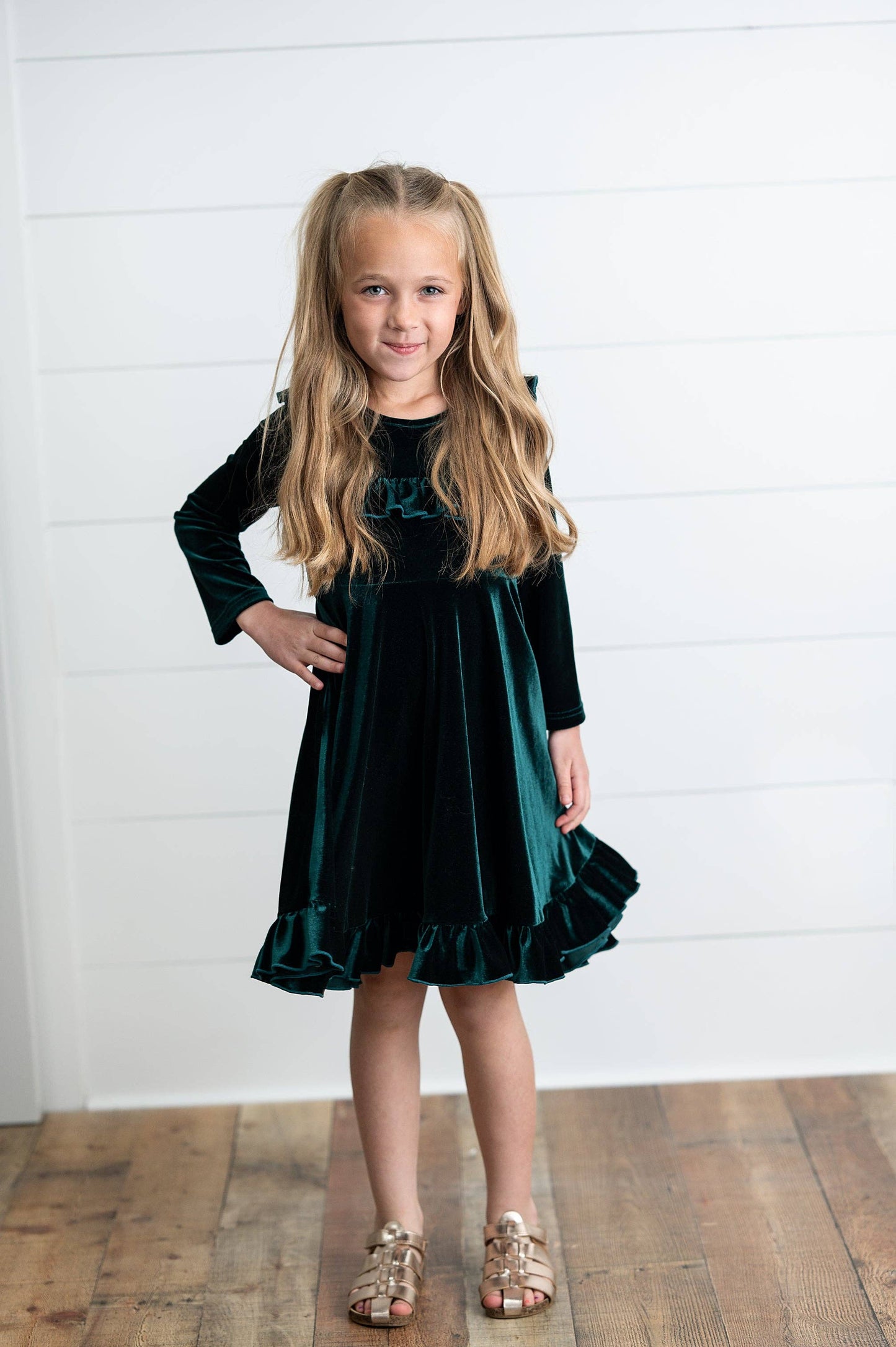 Emerald Green Velvet Ruffle Fancy Christmas Party Dress