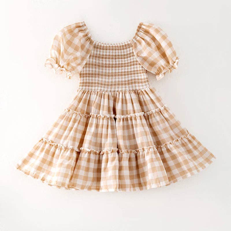 Girls Summer Plaid Smocked Patchwork Chiffon Dress
