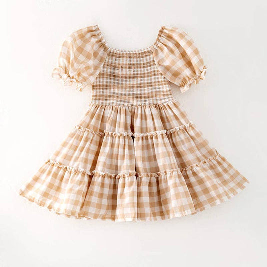 Girls Summer Plaid Smocked Patchwork Chiffon Dress