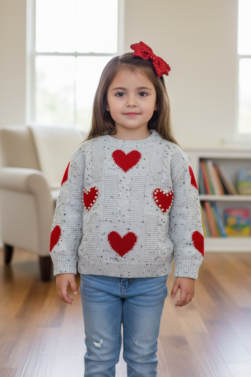 Heart Knit Sweater with Pressed Pearls