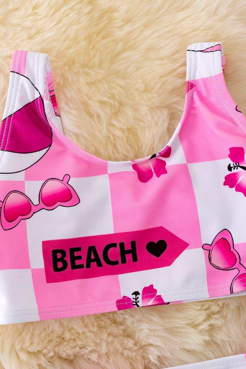 Pink & white checker printed girls swimsuit