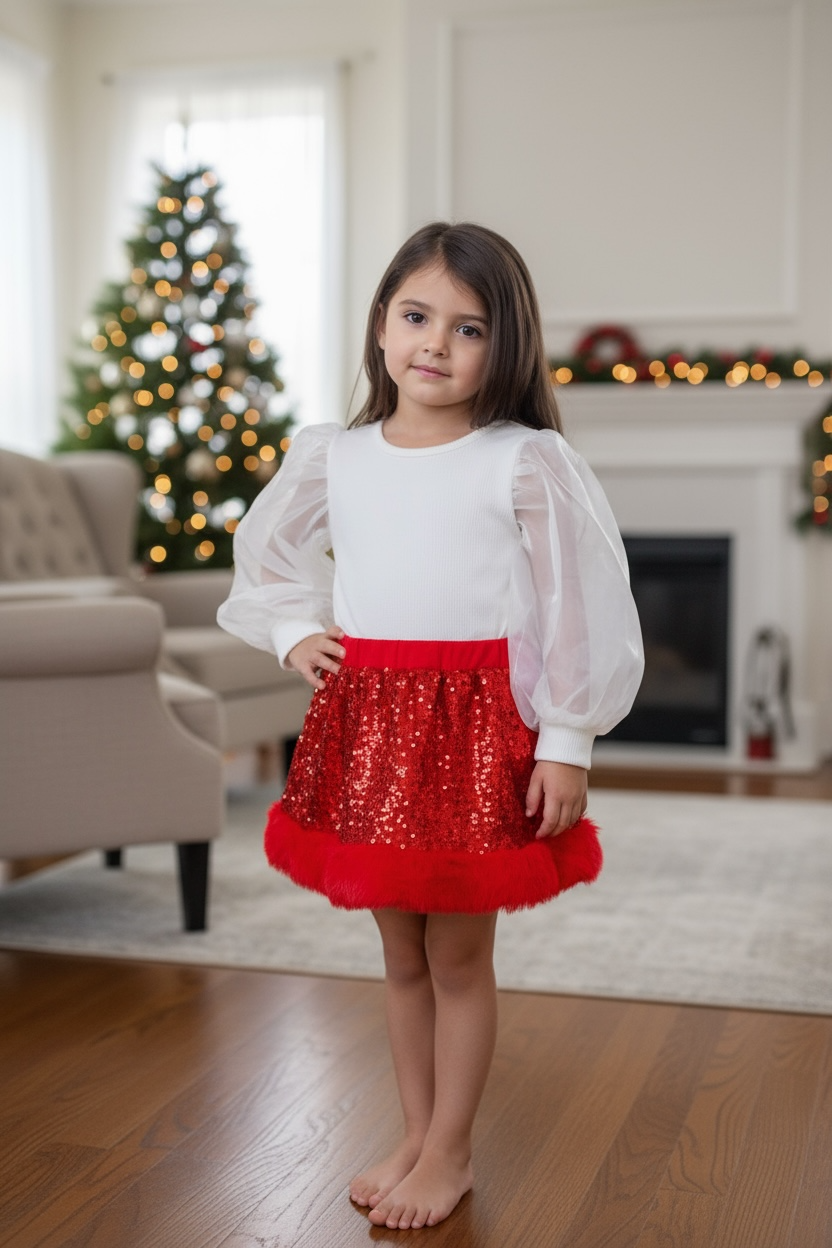 Red sequins skirt with faux fur trim