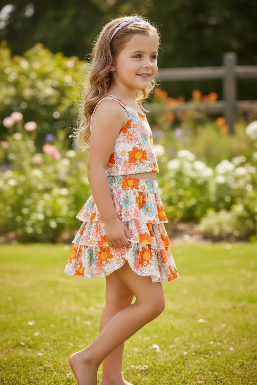 Orange Floral Printed Crop Top & Ruffle Skort