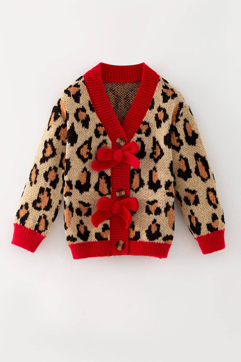 Animal Printed Knit Sweater With Red Trim & Bows