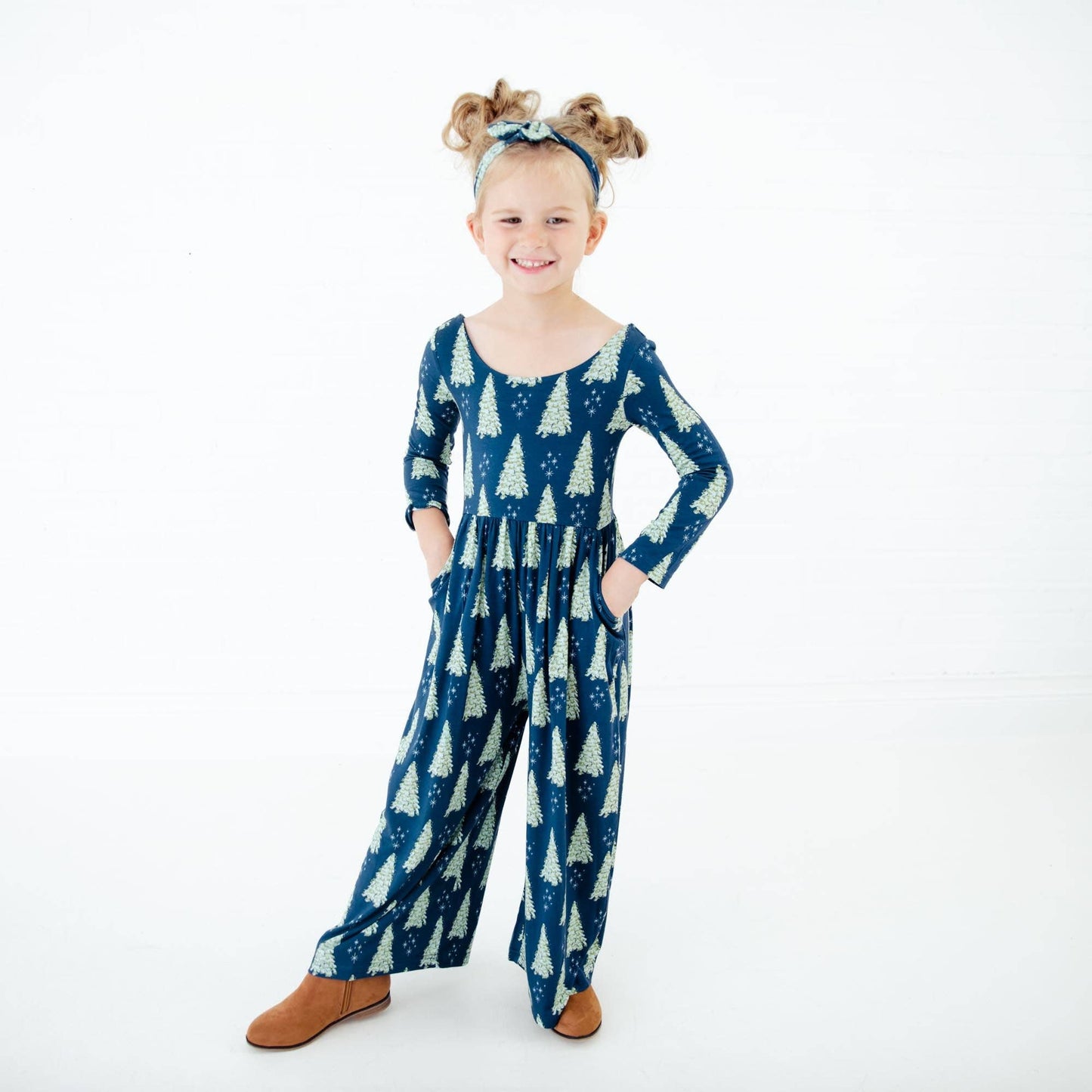All Spruced Up Christmas Trees Bamboo Girl's Leggy Romper - Navy