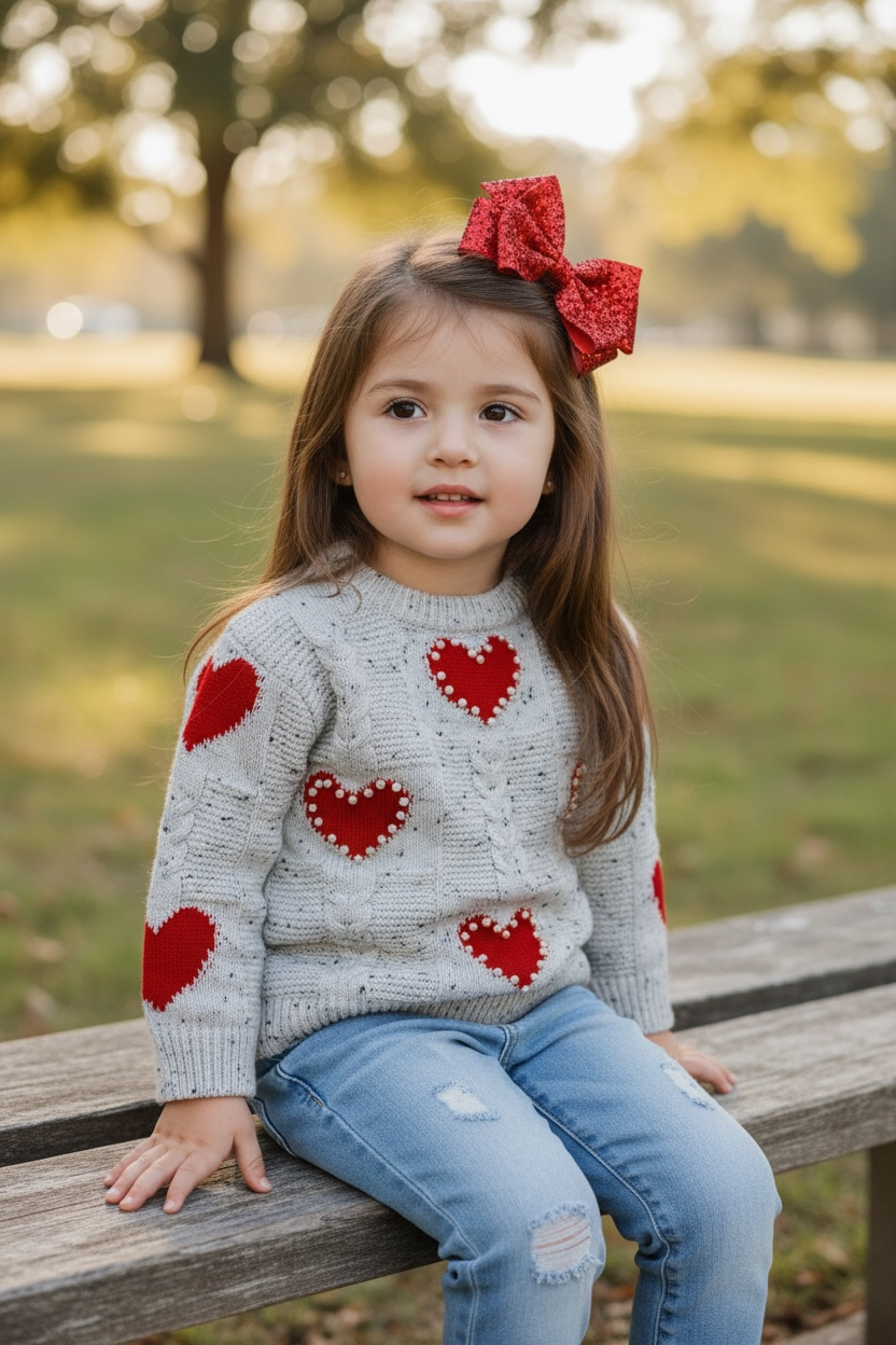 Heart Knit Sweater with Pressed Pearls