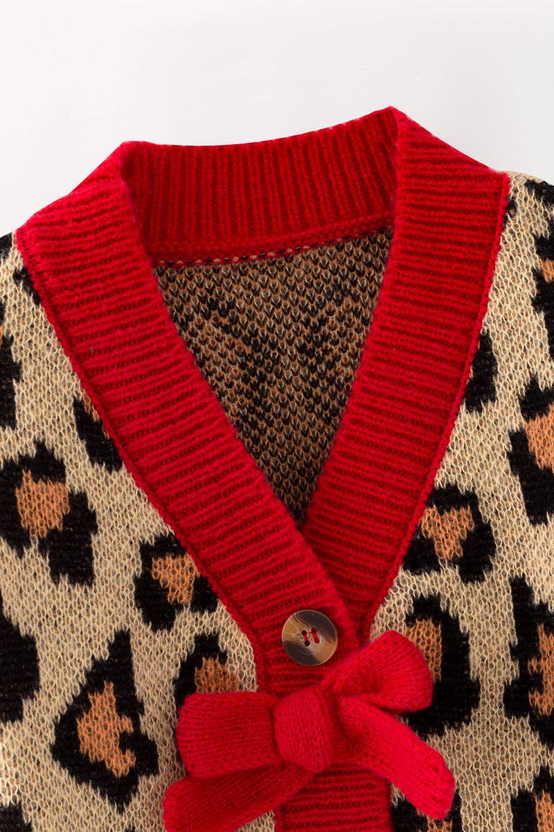 Animal Printed Knit Sweater With Red Trim & Bows