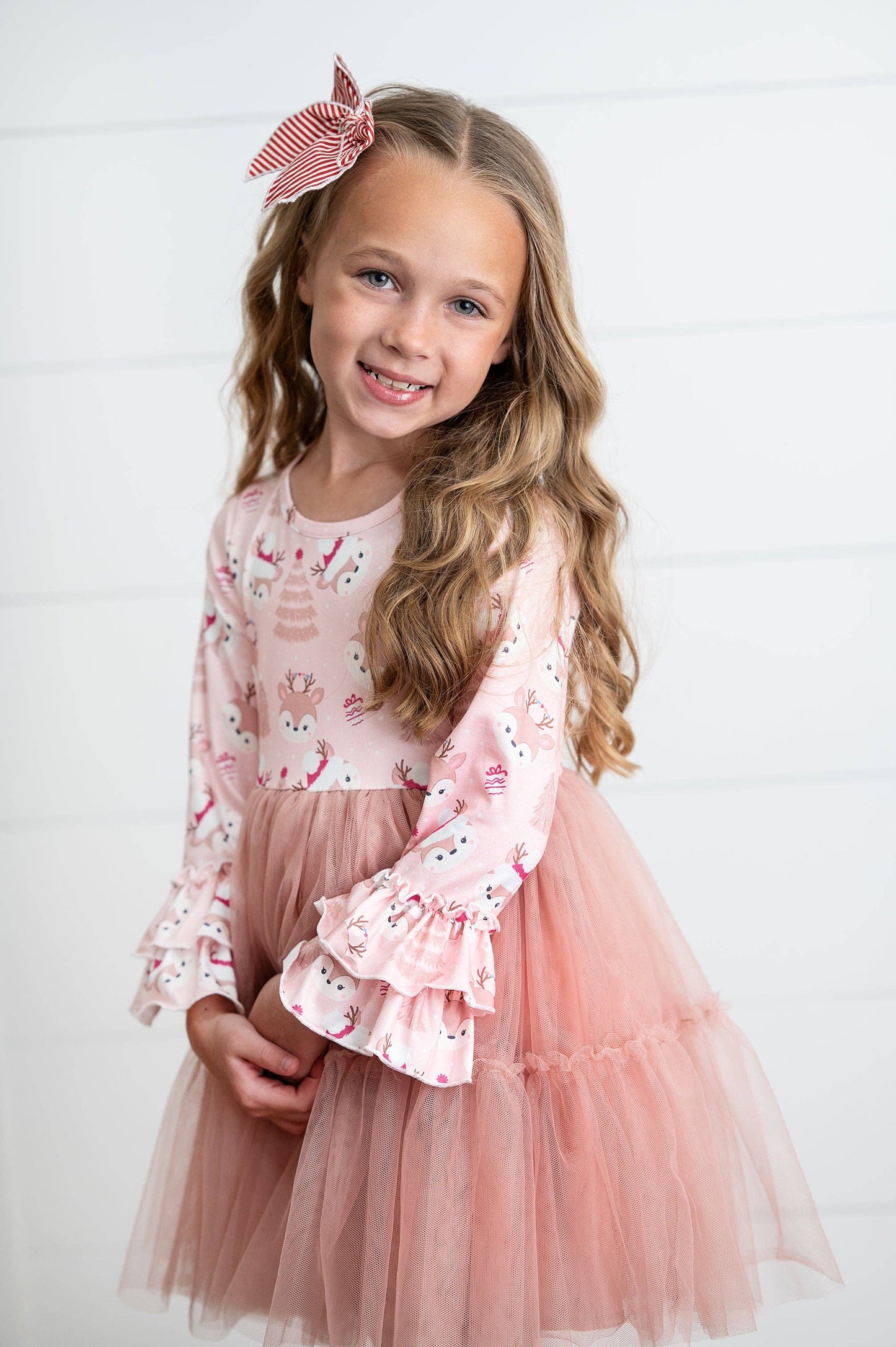 Pink Reindeer Tulle Ruffle Sleeve Holiday Dress