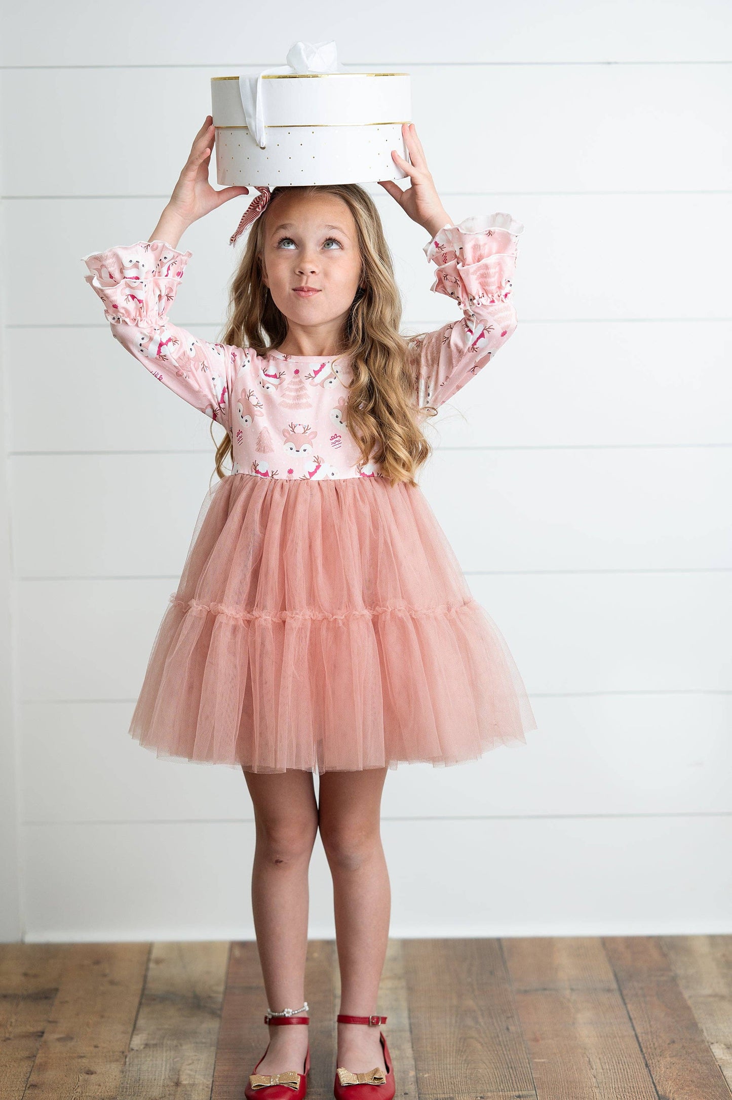 Pink Reindeer Tulle Ruffle Sleeve Holiday Dress