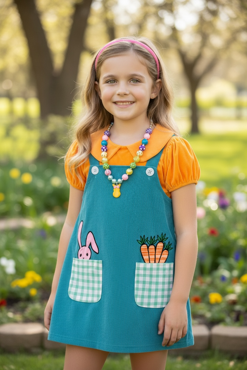 Teal Easter overall dress with orange bubble shirt.