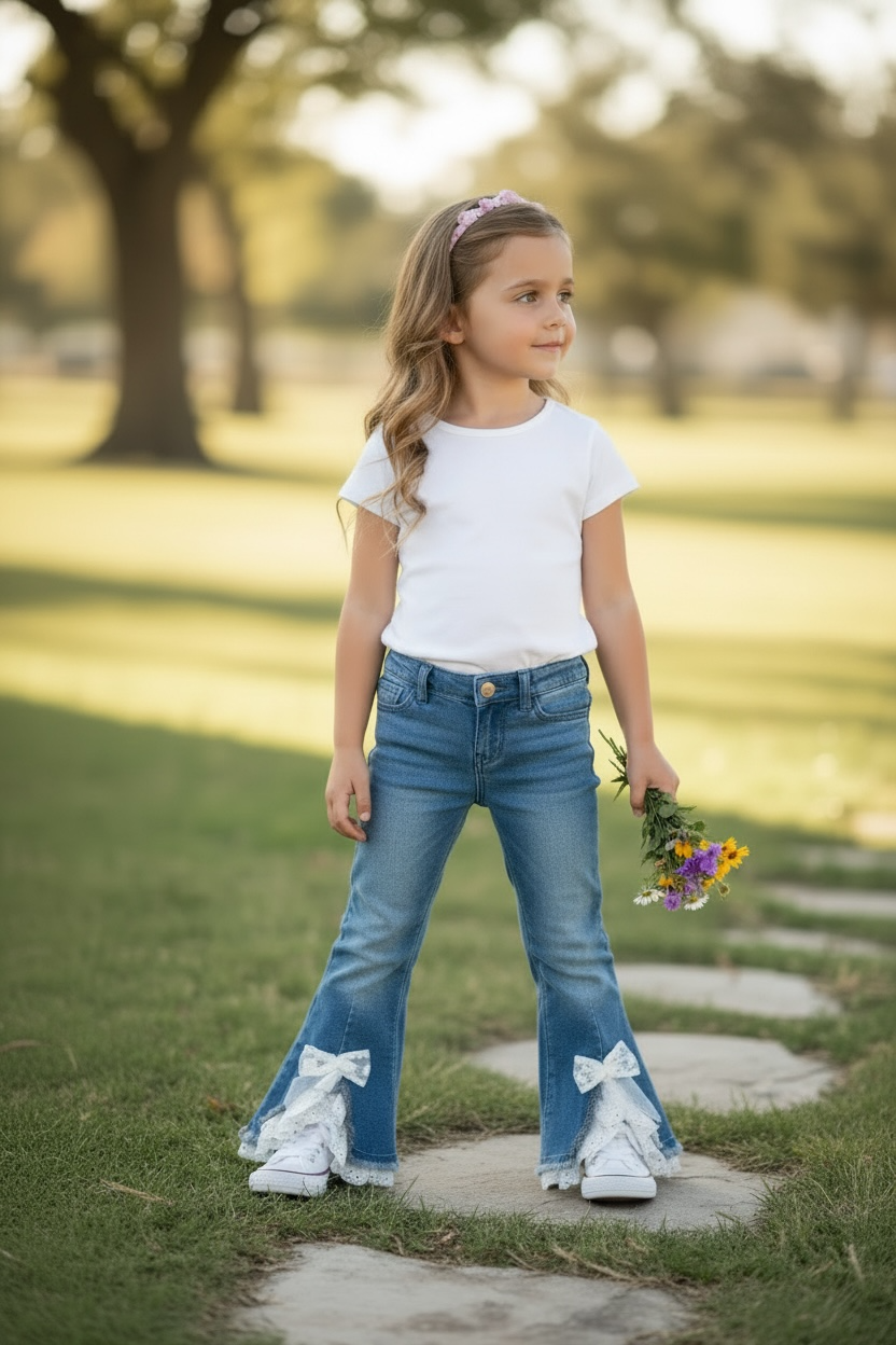 Lt. Blue denim pants with front bow opening.