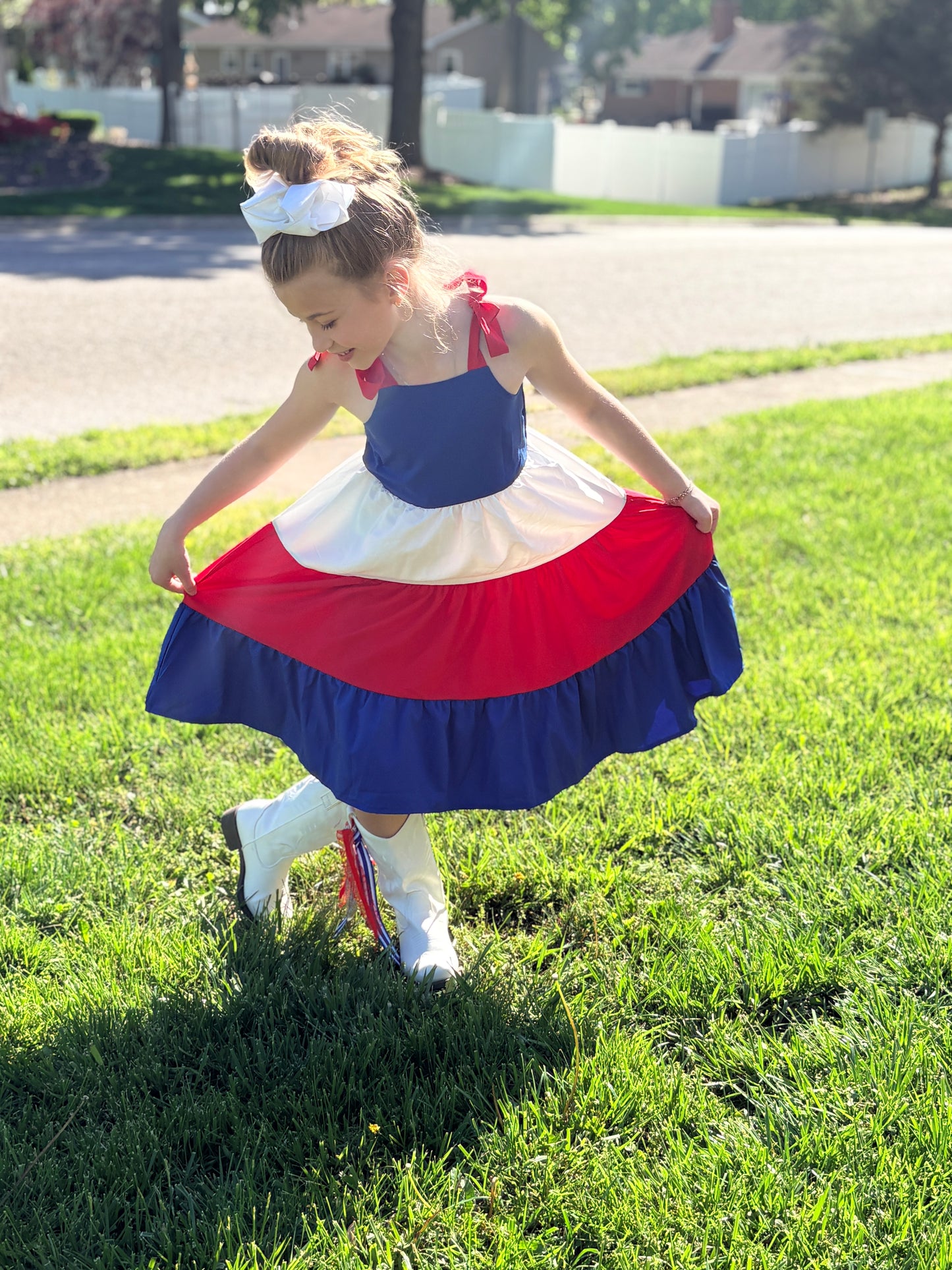 Red White and Blue Panel Long Dress