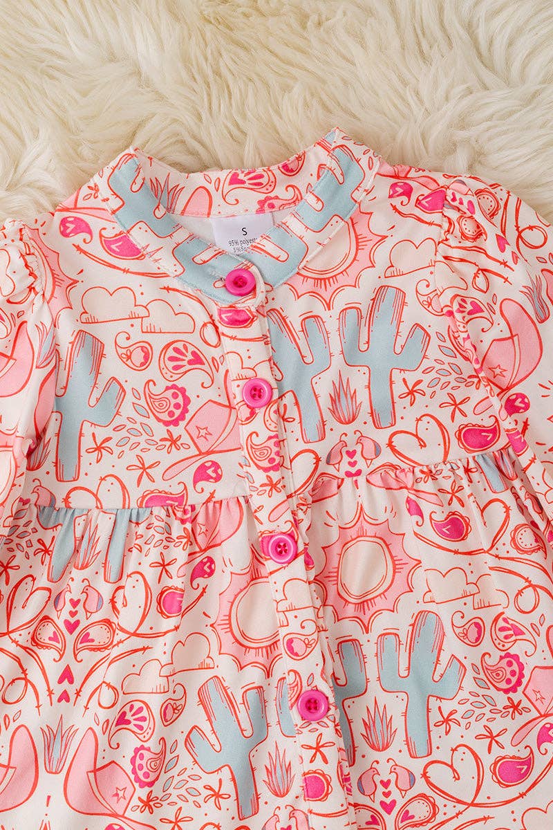 Desert Cactus Long Sleeve Girls Button Up Dress