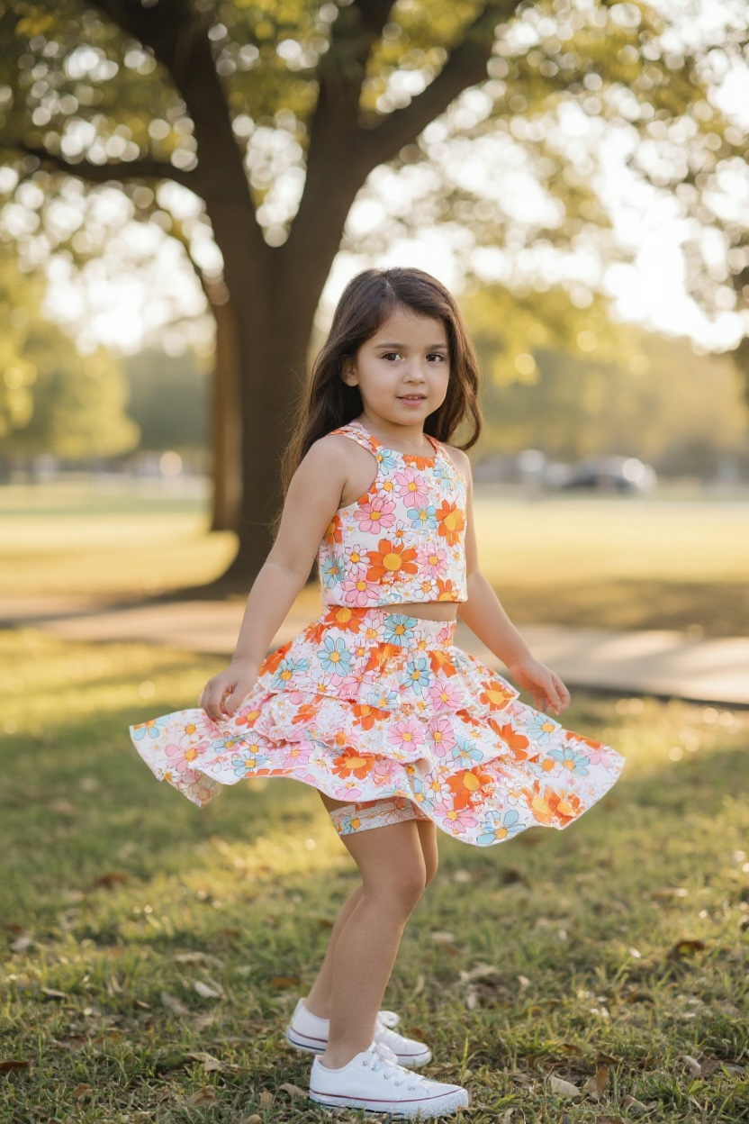 Orange Floral Printed Crop Top & Ruffle Skort