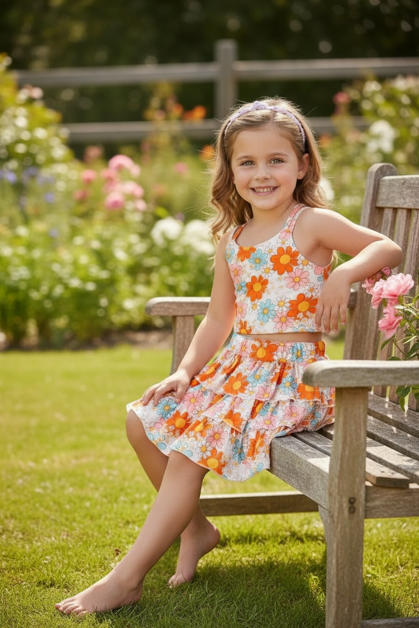 Orange Floral Printed Crop Top & Ruffle Skort