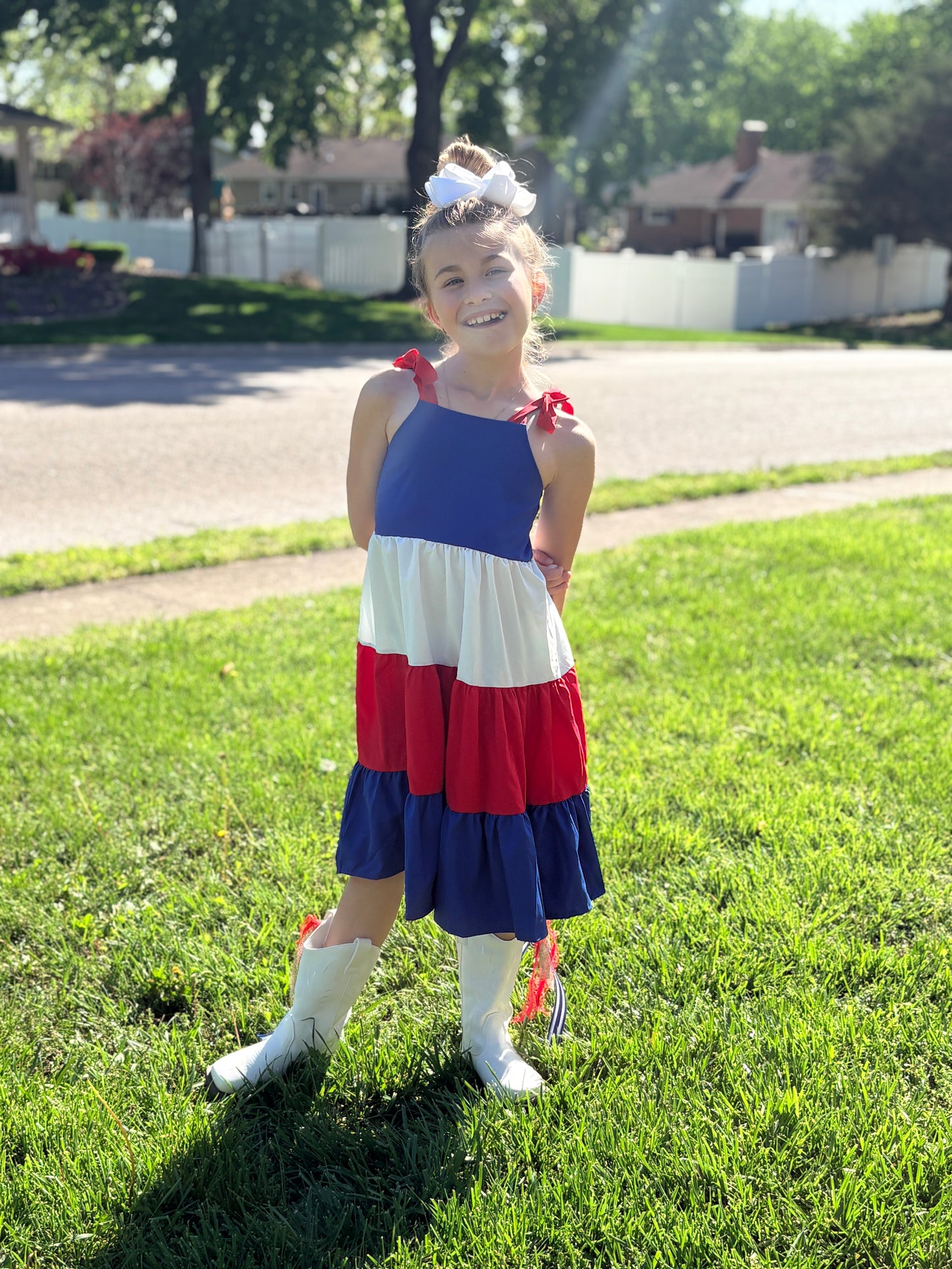 Red White and Blue Panel Long Dress