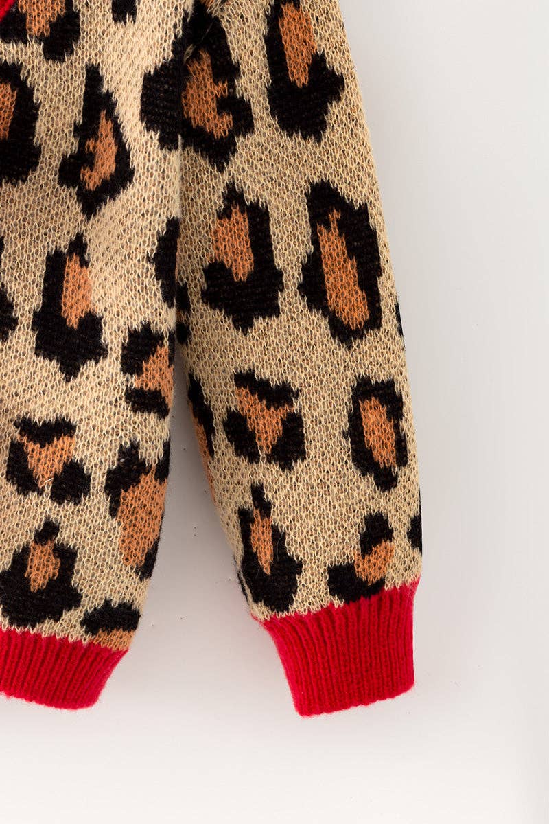 Animal Printed Knit Sweater With Red Trim & Bows